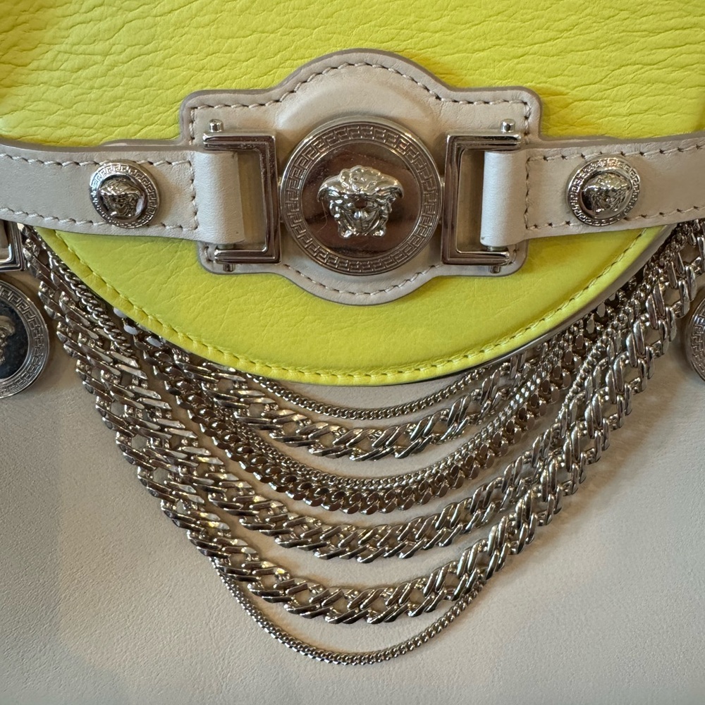 Versace Medusa Signature Satchel DBFD705 Cream Yellow Leather Chain Tote Purse - Picture 2 of 16